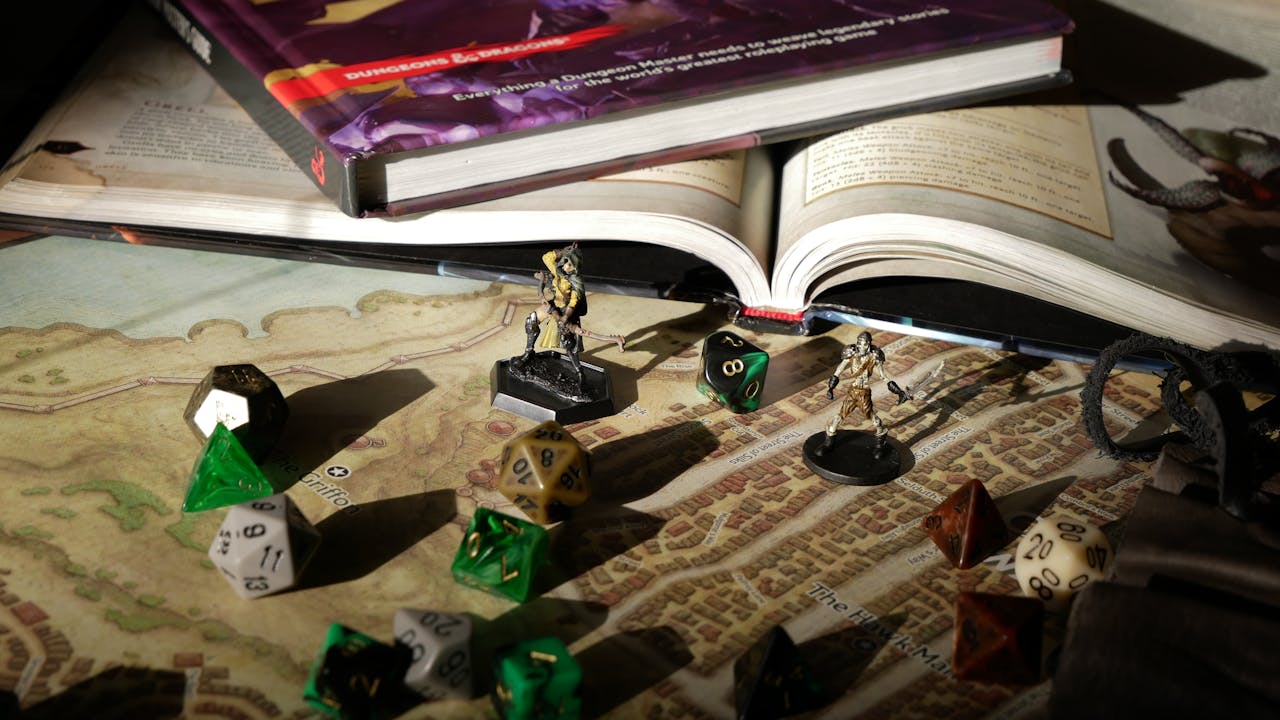 Figurines and dice arranged on a hand-drawn battle map for tabletop gaming