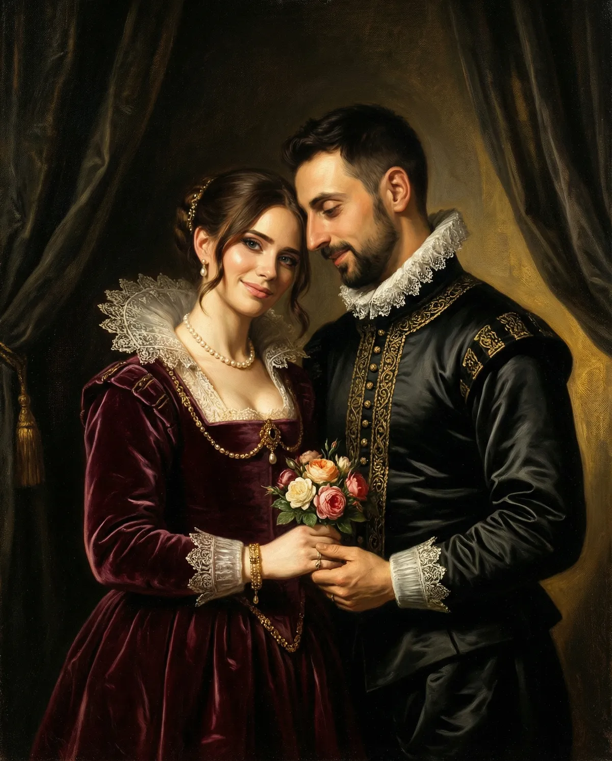 Custom romantic couple portrait art with flowers in renaissance style, personalized Valentine gift wall art
